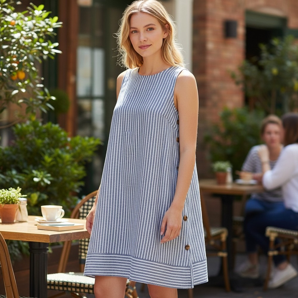 For Cynthia Blue White Striped Linen Blend Sleeveless Shift Dress XS Side Button
